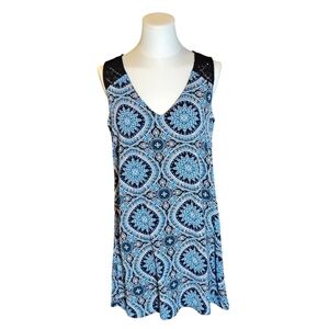 Lily Rose Black Lace Keyhole Back Moroccan Mosaic Blue Tunic Blouse Size Small